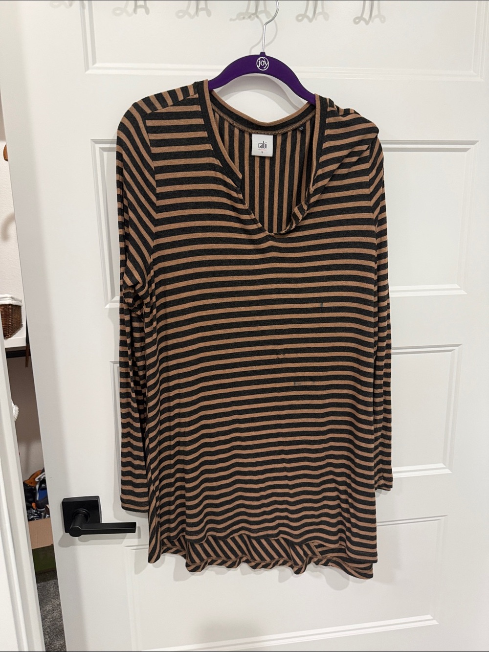 Soma Long Sleeve Striped V-Neck Top in Black and Brown
